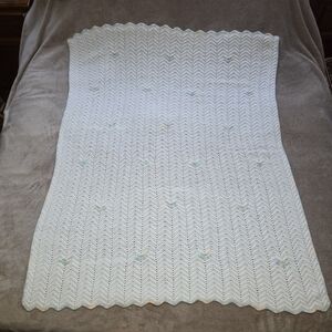 Handmade White Crochet Chevron Baby Blanket With Scalloped Edges 56" X 40"